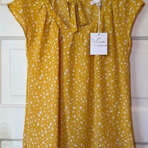 LC Lauren Conrad Mustard Yellow Tie-Neck Floral Blouse